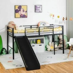 COSTWAY Kids Mid Sleeper Bed, Children Loft Beds With Slide, Stairs And Safety Guardrails, Metal Single Bunk Bed Frame For Boys Girls, 150kg Capacity (Black)