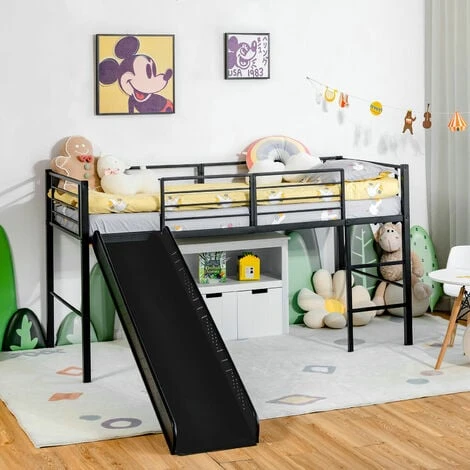 COSTWAY Kids Mid Sleeper Bed, Children Loft Beds With Slide, Stairs And Safety Guardrails, Metal Single Bunk Bed Frame For Boys Girls, 150kg Capacity (Black)