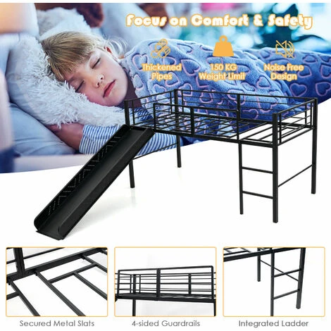 COSTWAY Kids Mid Sleeper Bed, Children Loft Beds With Slide, Stairs And Safety Guardrails, Metal Single Bunk Bed Frame For Boys Girls, 150kg Capacity (Black) - Image 4