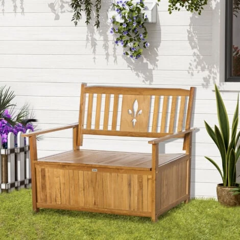 Outsunny 2 Seater Wood Garden Storage Bench Outdoor Storage Box Natural - Image 3