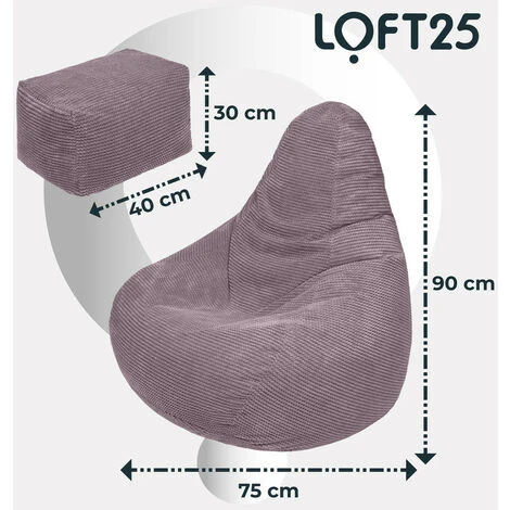 Loft 25 Adult Highback Corduroy Bean Bag Chair Indoor Living Room Gaming Beanbag Lounger, With Footstool Mink - Image 2