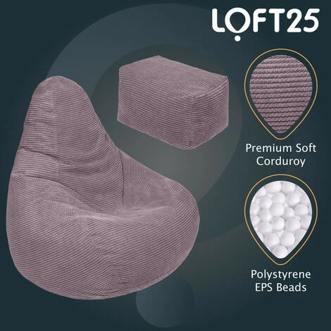 Loft 25 Adult Highback Corduroy Bean Bag Chair Indoor Living Room Gaming Beanbag Lounger, With Footstool Mink - Image 3
