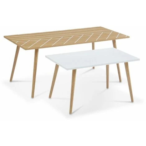 Pair Of Scandi-style Side Tables, Solid Eucalyptus Wood Frame, 110x50x45.5cm And 70x40x39cm - Etnik - Natural And White