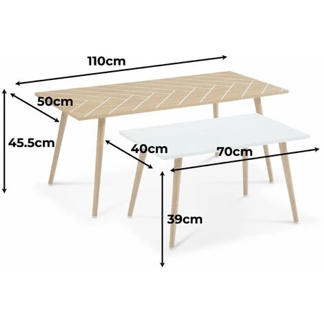 Pair Of Scandi-style Side Tables, Solid Eucalyptus Wood Frame, 110x50x45.5cm And 70x40x39cm - Etnik - Natural And White - Image 5