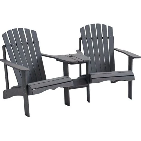 Outsunny Wooden Double Adirondack Chair W/ Center Table & Umbrella Hole Dark Grey