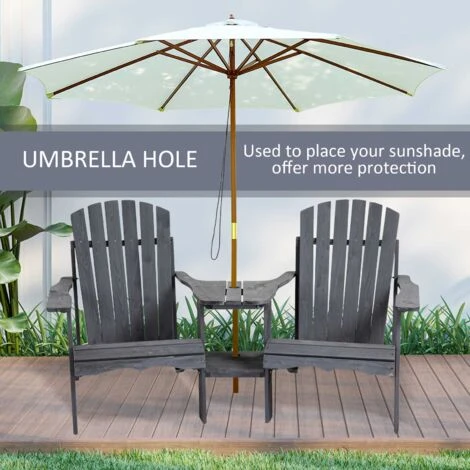 Outsunny Wooden Double Adirondack Chair W/ Center Table & Umbrella Hole Dark Grey - Image 4