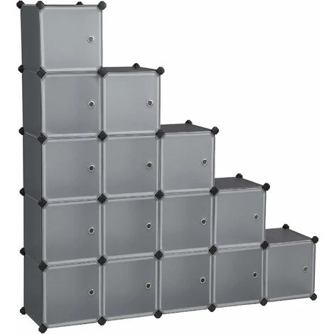 SONGMICS 15-Cube DIY Storage Organiser Unit, Plastic Closet Cabinet, Wardrobe, With Doors, For Clothes Shoes Toys Books, Easy To Assemble, Grey LPC443G01
