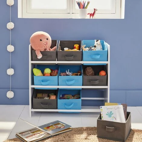 Storage Combination With 9 Boxes For Kids Toy, 65x30x59.5cm - Camille - Grey And Blue - Image 2