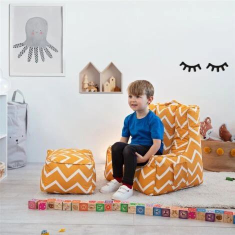 Ready Steady Bed Kids Armchair Comfy Bean Bag Chair With Footstool (Zigzag) - Image 4