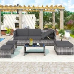 Rattan Garden Furniture Set 6 Seater Rattan Sofa Set, Outdoor Sun Lounger With Adjustable Angle, Glass Top Coffee Table