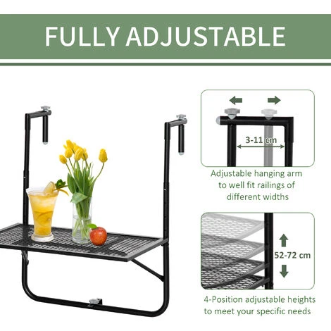 Outsunny Balcony Hanging Table Wall Mount Adjustable Folding Desk Patio Black - Image 4