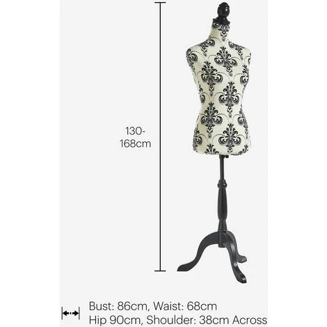 BTFY Female Tailors Dressmaking Mannequin With 2 Removable Covers White/White Damask, Tailors Decorative Dummy Body Adjustable Height & Tripod Dress Stand - UK Size 8/10 - Image 4