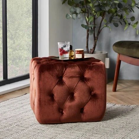 Spinningfield Velvet Clay Button Footstool - Red Tufted Stool Pouffe With Soft, Cushioned Velvet Fabric – Luxury Modern & Contemporary Chesterfield Style Ottoman For Lounge, Living Room & Bedroom - Image 2