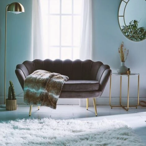 BTFY Grey Velvet Petal Loveseat – Art Deco Loveseat Lotus Shape Sofa Couch With Gold Detail - Image 2