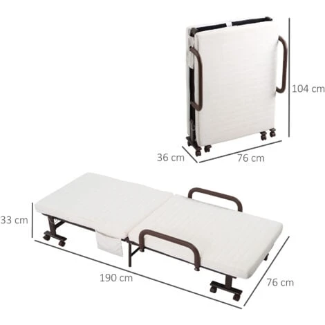 HOMCOM Folding Bed With Mattress & Wheels, Adjustable Backrest Guest, White - Image 2
