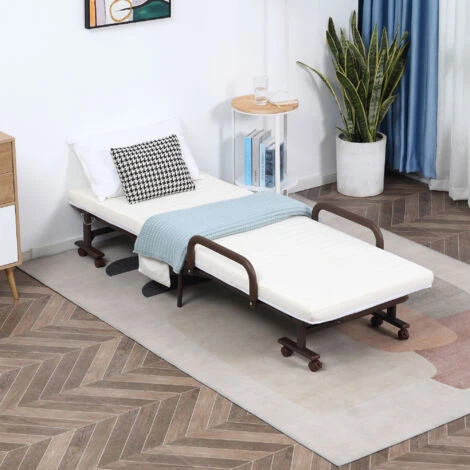 HOMCOM Folding Bed With Mattress & Wheels, Adjustable Backrest Guest, White - Image 3