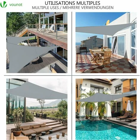 VOUNOT Sun Shade Sail Waterproof Triangle Sail Canopy With Mounting Ropes 3x3x3m, Grey - Image 3