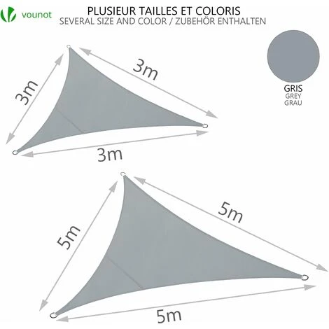 VOUNOT Sun Shade Sail Waterproof Triangle Sail Canopy With Mounting Ropes 3x3x3m, Grey - Image 5