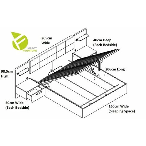 Luxury King Size Bed Ottoman Storage With LED Lights USB Charges Bedside Cabinets Lift Up Euro Frame Oak Black Kassel - Image 5