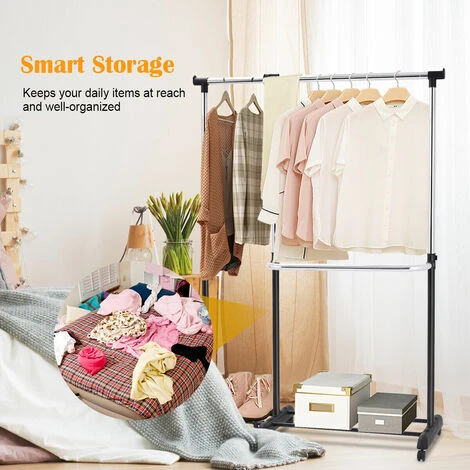 Extendable Garment Rack Metal Clothes Rail Organizer Rolling Adjustable Heights - Image 2