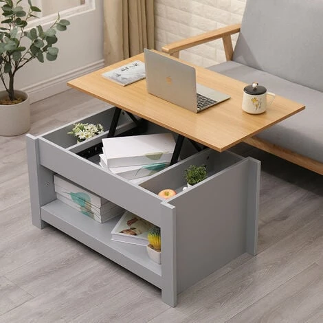 HMD FURNITURE Wooden Lift Up Top Coffee Table With 3 Hidden Storage Compartment And Bottom Storage Shelf For Living Room,Grey,85x50x45cm(WxDxH)