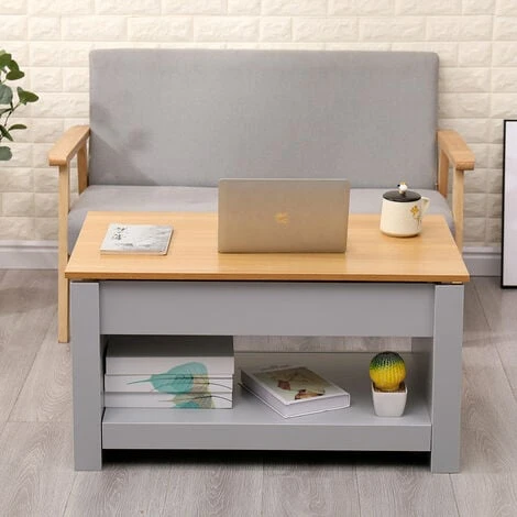 HMD FURNITURE Wooden Lift Up Top Coffee Table With 3 Hidden Storage Compartment And Bottom Storage Shelf For Living Room,Grey,85x50x45cm(WxDxH) - Image 2