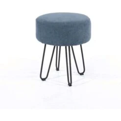 Round Stool Padded Blue Fabric Makeup Seat Footstool Fabric Furniture Metal Legs