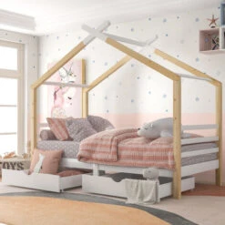 Single Beds For Children, 3 Ft Wooden House Bed Frames With Drawer 190 X 90 Cm