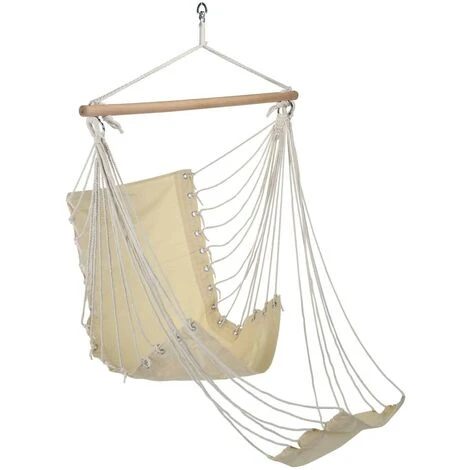 Topdeal Hammock Chair With Footrest Beige Cotton Canvas FF423983UK