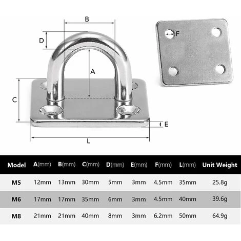 M6 Heavy Duty Pad Eye Plate, 304 Stainless Steel Oblong Eye Pad Plate, Staple Ring Hook Loop U-Shaped Sail Shade Marine Hardware, Wall Ceiling Hammock Hooks Hanger For Swing Suspension(4Pcs) - Image 2