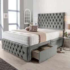 Sinclair Divan Bed Set With Tall Button Headboard And Footboard - 3FT Size / No Storage / No Mattress / Crystal Buttons