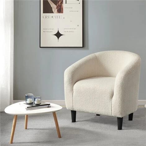 Yaheetech Boucle Club Chair Accent Barrel Chair Upholstered Arm Chair,W70.5 X D65 X H73cm,Ivory - Image 2