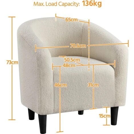 Yaheetech Boucle Club Chair Accent Barrel Chair Upholstered Arm Chair,W70.5 X D65 X H73cm,Ivory - Image 5