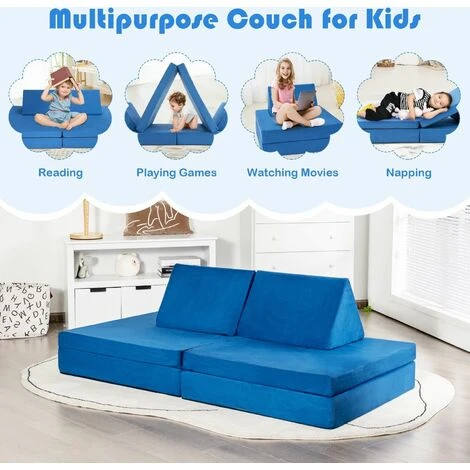 Kids Sofa Bed Convertible Children Couch W/Washable Cover 2 Folding Mat 2 Pillow - Image 2