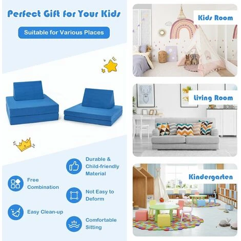 Kids Sofa Bed Convertible Children Couch W/Washable Cover 2 Folding Mat 2 Pillow - Image 5