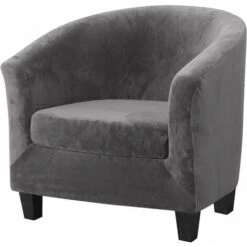 LITZEE 2 Pieces Tub Chair Covers,Upgraded 2 IN 1 Design Stretch Velvet Armchair Sofa Slipcover With Cushion Cover, Non Slip Club Bucket Chairs Sofa Couch Covers Slipcovers(Upgraded-Gray, Velvet)