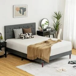 Wooden Solid King Size Bed Frame 5FT Upholstered Platform Bed Frame Adjustable