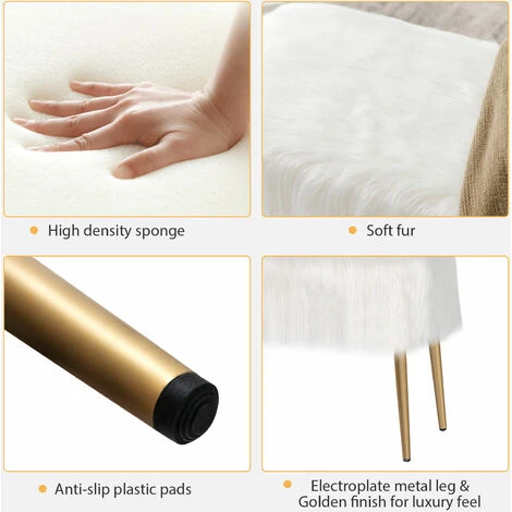 Furry Faux Fur Footrest Large Vanity Stool Chair Padded Ottoman Seat Metal Legs - Image 2