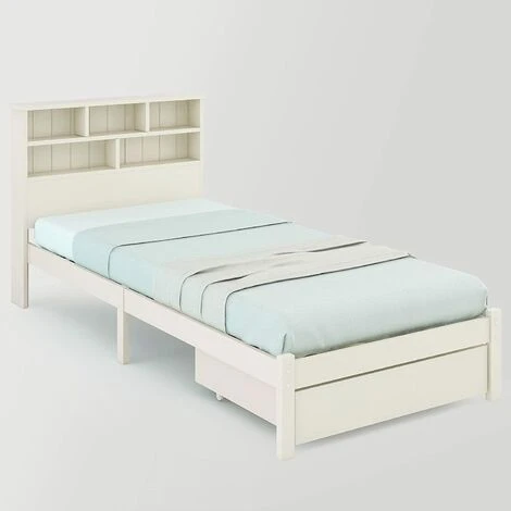 HOOSENG Single Bed Frames With Storage, White Wooden Bed Frame With Underbed Drawer And Storage Shelves, Single Bed For Bedroom Dormitory Small Space (208x100x93cm) - Image 5