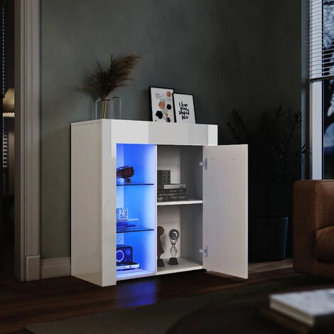 ELEGANT Display Cabinet 1 Door Modern LED Lights High Gloss Sideboard In White, 750 X 350 X 830 Mm Storage Cabinet With 5mm Tempered Glass Shelves - Image 2