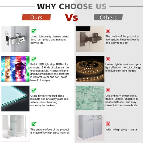 ELEGANT Display Cabinet 1 Door Modern LED Lights High Gloss Sideboard In White, 750 X 350 X 830 Mm Storage Cabinet With 5mm Tempered Glass Shelves - Image 5