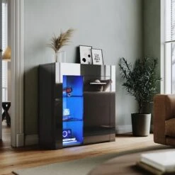 ELEGANT Display Cabinet Black 1 Door High Gloss Sideboard, 750 X 350 X 830 Mm LED Light Storage Cabinet With 5mm Tempered Glass Shelves