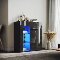 ELEGANT Designer Small Display Cabinet Cupboard In Black High Gloss Multicolour LED Lights 5mm Tempered Safety Glass Shelves 830 X 750 X 35 Mm