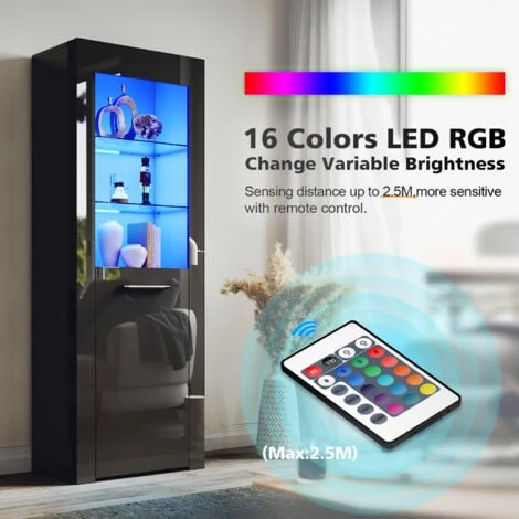 ELEGANT Modern LED Large Display Cabinet In Black High Gloss 1650 X 600 X 35 Mm Cupboard With 5mm Tempered Safety Glass Shelves Sideboard Unit For Living Room - Image 3