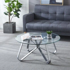 Livingandhome Round Coffee Table Modern Sofa Side Table With Glass Top,Silver