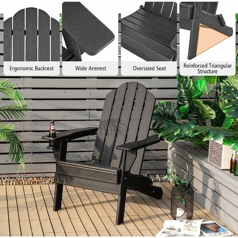 Folding Adirondack Chair, Weather Resistant Patio Chair With Built-in Cup Holder, Outdoor Armchair Lounger For Fire Pit, Patio, Garden, Backyard (Black, Folding) - Image 4