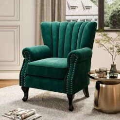 Livingandhome Green Velvet Armchair Sofa Chair With Black Legs