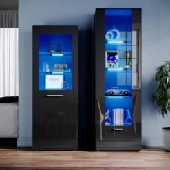 ELEGANT Black Display Cabinet Set High Gloss Living Room Set Bookcase Tall Storage Cabinet With Multicolour LED Light
