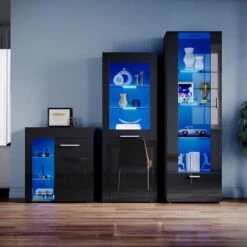 ELEGANT Black Display Cabinet Set High Gloss Living Room Set Bookcase Sideboard Cupboard Tall Storage Cabinet With Multicolour LED Light