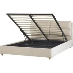Velvet EU King Size Bed Frame 5ft3 Light Beige Slatted Base Storage Batilly